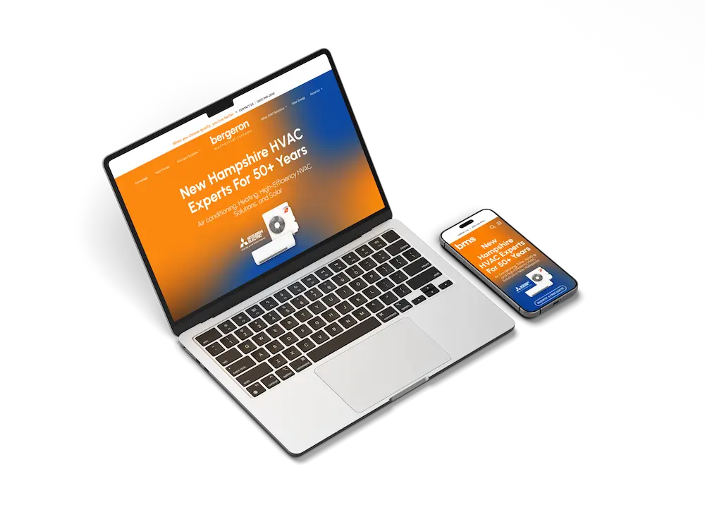 New Hampshire A laptop and smartphone display the same HVAC website with an orange-and-blue theme and the headline: “New Hampshire HVAC Experts For 50+ Years.”. Marketing Agency