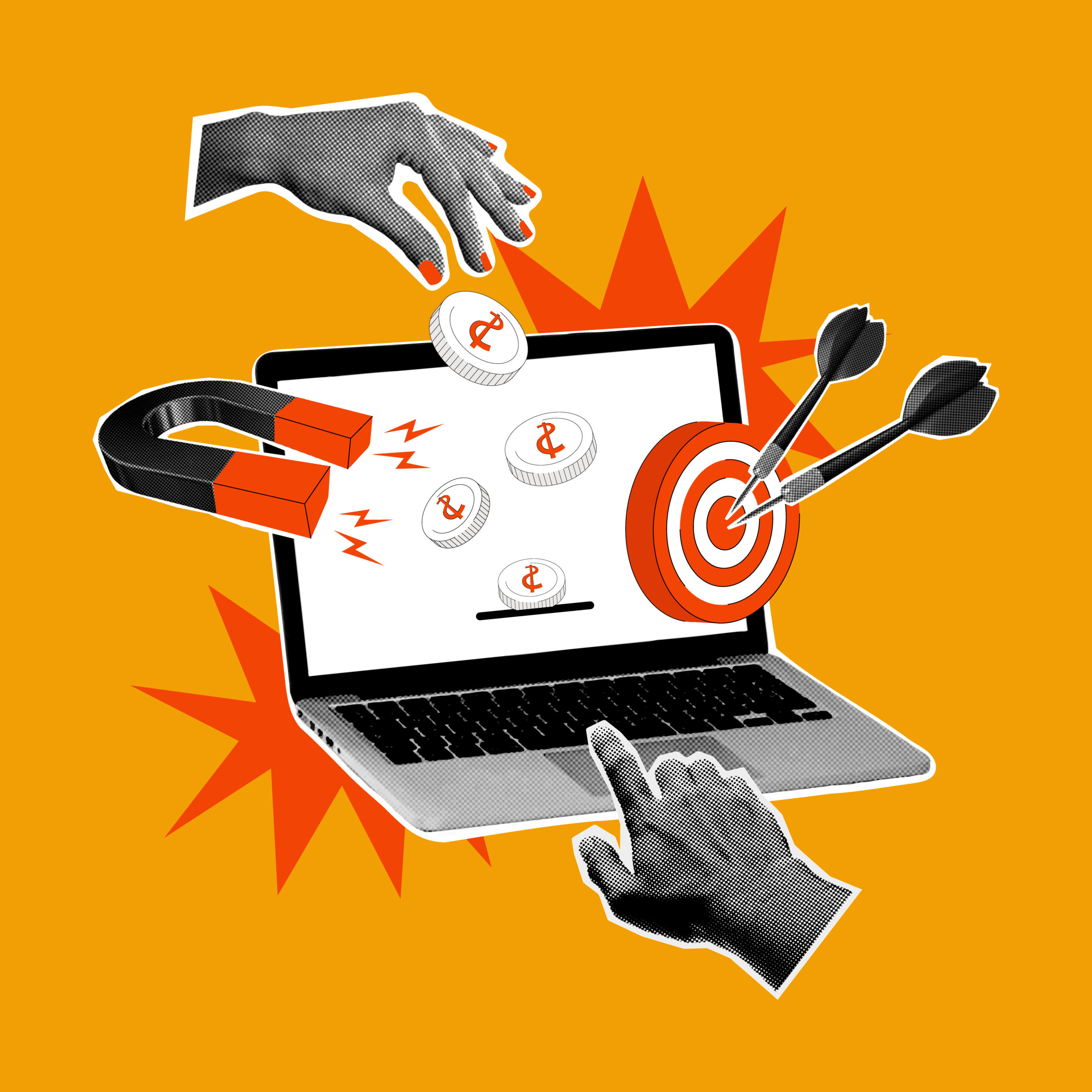 New Hampshire Collage of hands interacting with a laptop, coins with dollar signs, a magnet, and a target with darts, set against an orange background with red bursts. Marketing Agency