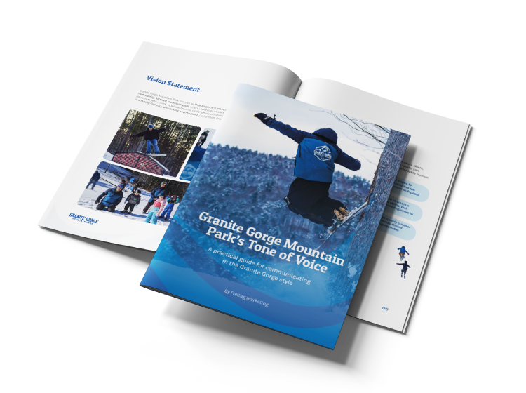 New Hampshire A booklet titled "Granite Gorge Mountain Park's Tone of Voice" is stacked on top of an open publication displaying photos and text on a white surface. Marketing Agency