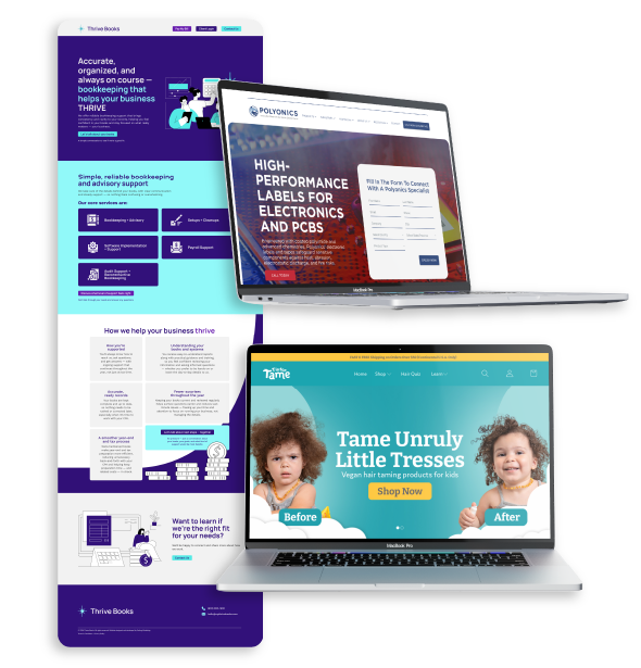 New Hampshire Three website designs are displayed, including a bookkeeping service, an electronics label company on a laptop screen, and a children's haircare brand on another laptop screen. Marketing Agency