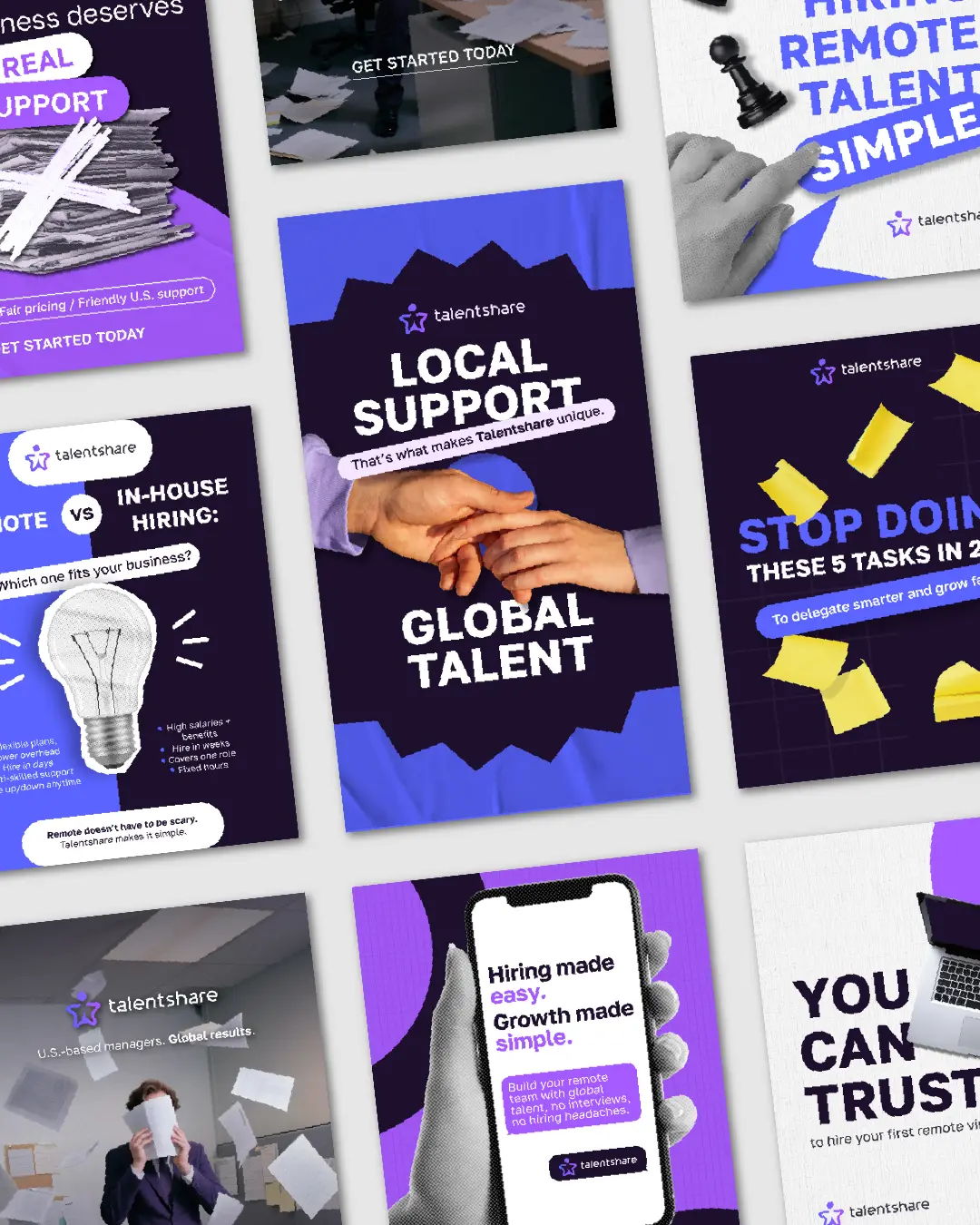 New Hampshire A collage of talentshare promotional posters featuring bold text, hands shaking, light bulbs, crumpled papers, and a phone displaying a hiring app. Marketing Agency