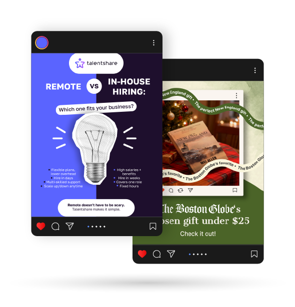 New Hampshire Two overlapping social media posts; one compares remote vs in-house hiring with a lightbulb graphic, the other promotes a holiday gift under $25 featuring a book and Christmas ornaments. Marketing Agency