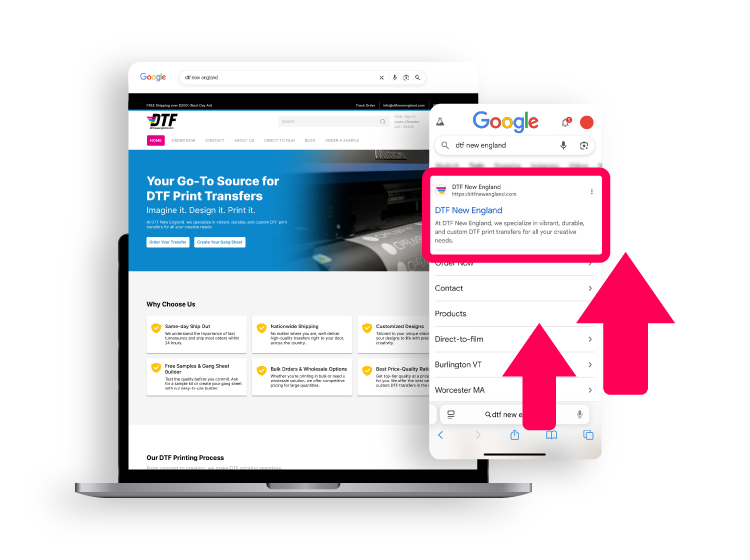 New Hampshire A laptop displays a DTF print transfer website, while a mobile Google search shows "DTF New England" highlighted with pink arrows pointing to the search result. Marketing Agency