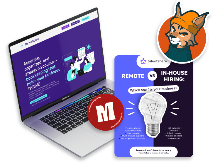 New Hampshire A laptop displaying a bookkeeping website, a sticker of a fox character, a red and white 'M' icon, and a graphic comparing remote vs. in-house hiring. Marketing Agency
