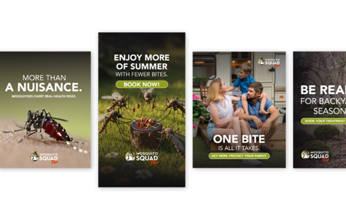 New Hampshire Four Mosquito Squad ads show messages about mosquito risks and prevention, featuring images of mosquitoes and a family outdoors, with calls to book mosquito control services. Marketing Agency