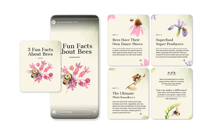 New Hampshire A set of cards and a phone screen displaying "3 Fun Facts About Bees," with illustrations of bees and flowers and brief bee facts on each card. Marketing Agency