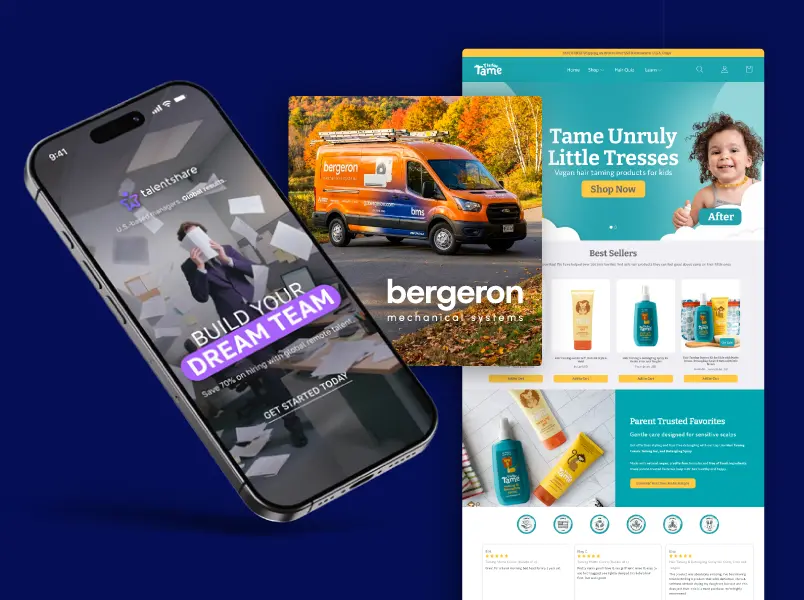 New Hampshire A smartphone displays a recruitment app, a branded Bergeron van, and a website for children’s hair care products are shown against a blue background. Marketing Agency