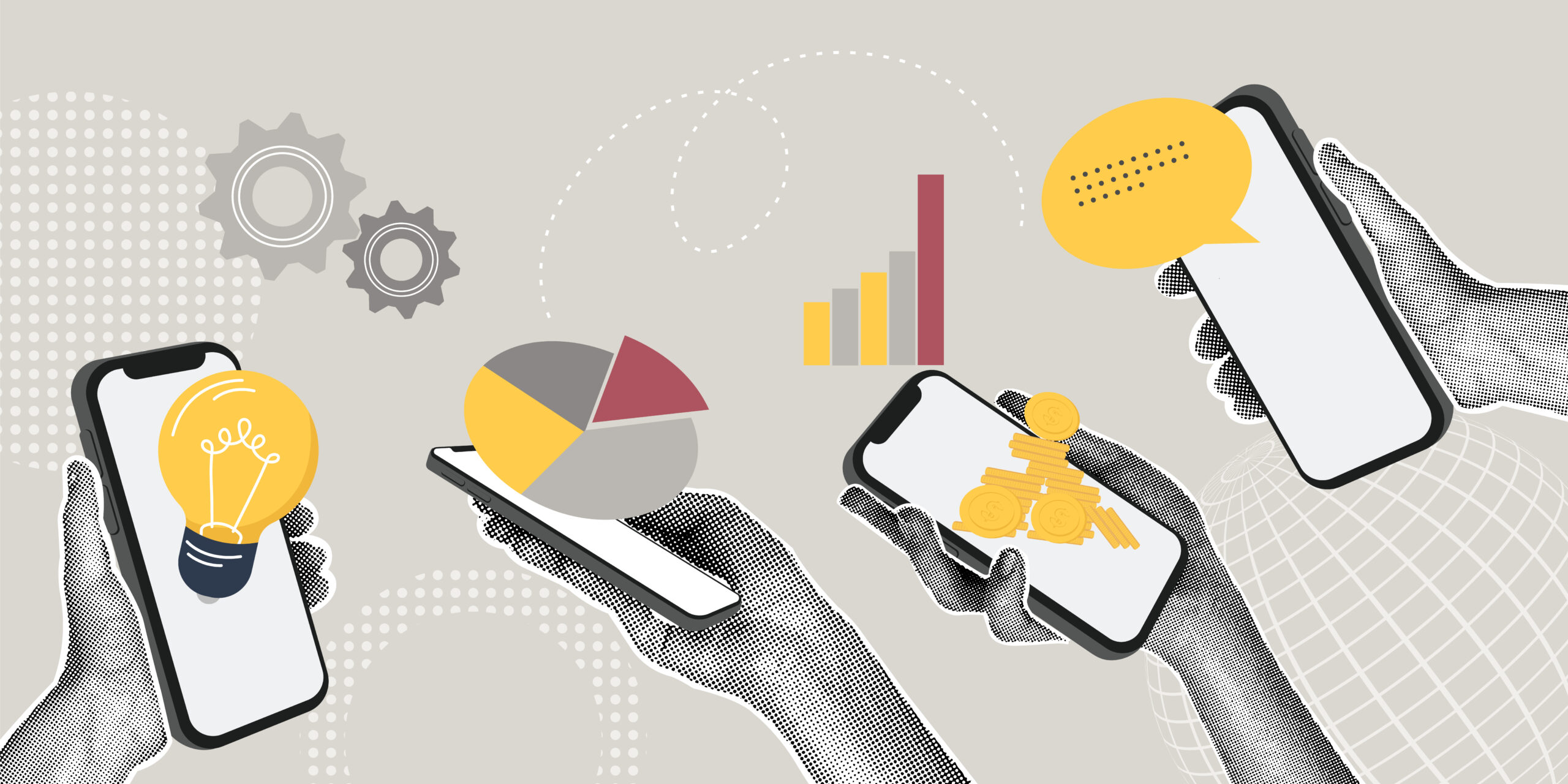 New Hampshire Four hands hold smartphones displaying icons of a lightbulb, pie chart, coins, and a speech bubble—symbolizing NH business success and paid media strategies—with gears and a bar chart in the background. Marketing Agency