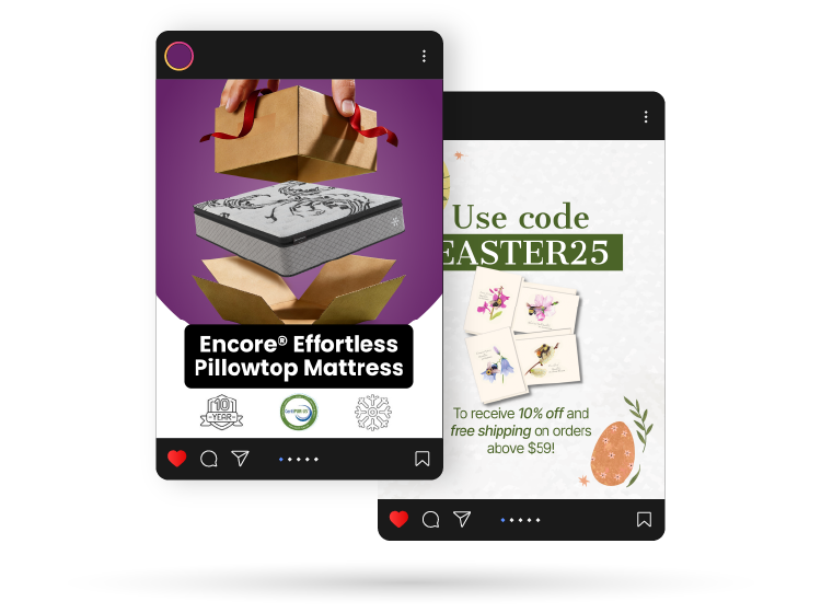 New Hampshire Two overlapping social media posts: one shows a mattress being unboxed with text "Encore® Effortless Pillowtop Mattress"; the other offers a code "EASTER25" for a discount and free shipping. Marketing Agency