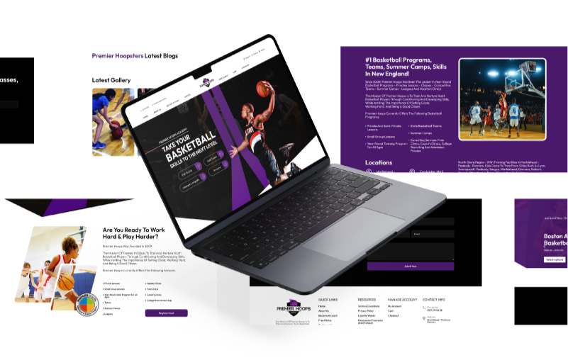 New Hampshire A laptop displaying a basketball-themed website, surrounded by various web page screenshots featuring players, program info, and a purple and white color scheme. Marketing Agency