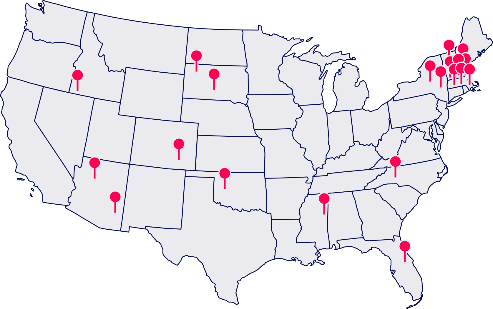 New Hampshire A map of the United States with red location markers distributed across several states, concentrated in the Northeast and scattered elsewhere. Marketing Agency