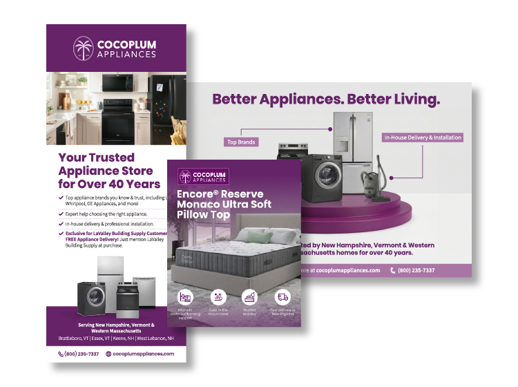 New Hampshire Three Cocoplum Appliances marketing flyers display images of appliances and a mattress, store information, and promotional slogans in purple and white branding. Marketing Agency