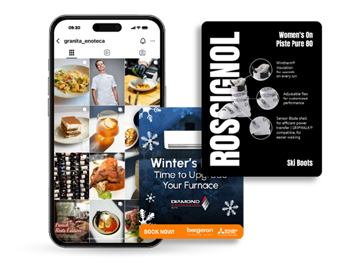 New Hampshire A smartphone displaying a food-themed Instagram profile is next to two advertisement cards, one for Rossignol ski boots and another for a furnace service. Marketing Agency