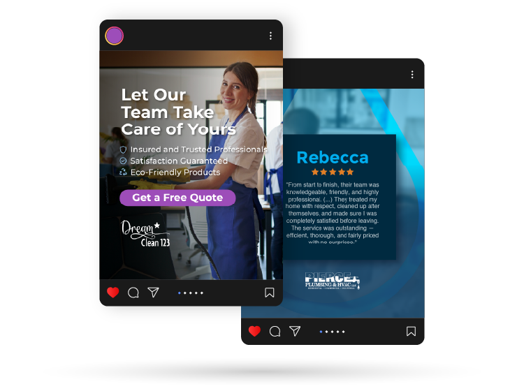 New Hampshire Two social media posts: one advertises cleaning services with a smiling woman and service claims, the other features a positive customer review from "Rebecca" with a five-star rating. Marketing Agency