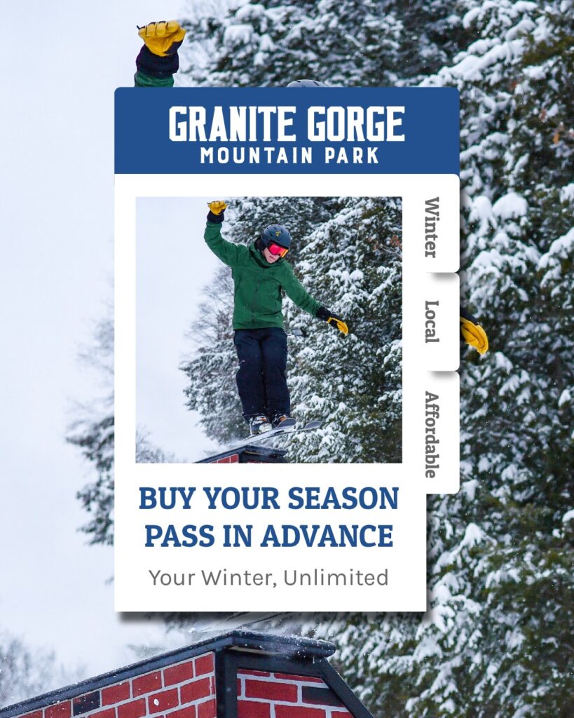 New Hampshire A snowboarder in a green jacket and helmet slides down a rail at Granite Gorge Mountain Park, with snow-covered trees in the background and a season pass promotion in the foreground. Marketing Agency