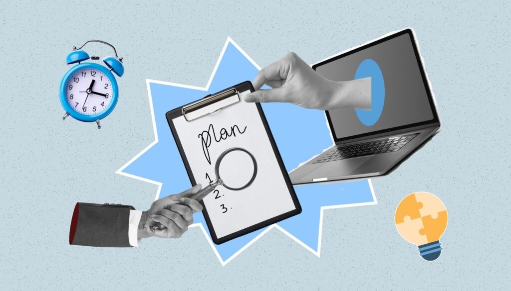 New Hampshire A collage showing a clock, a clipboard with "plan" written on it, a pointing hand, a laptop, and a puzzle piece with a lightbulb, symbolizing planning and time management. Marketing Agency