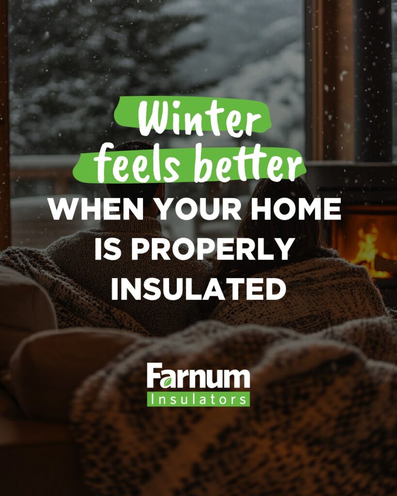 New Hampshire Two people sit on a couch by a window with snowy scenery outside and a lit fireplace, covered in blankets. Text reads: "Winter feels better when your home is properly insulated. Marketing Agency
