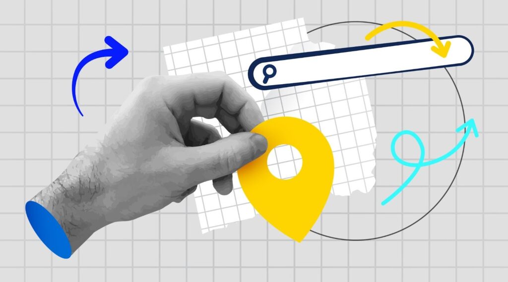 New Hampshire A hand holds a yellow location pin over a grid background with a search bar and several colorful arrows. Marketing Agency