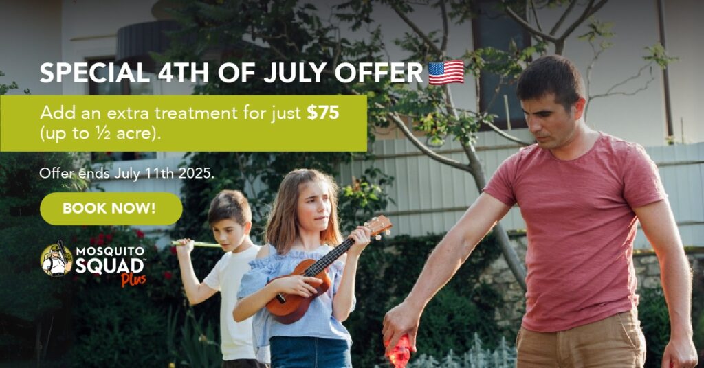 New Hampshire A man and two children are outside in a yard. Text promotes a 4th of July offer: extra treatment for $75, offer ends July 11th, 2025. "Book now" button and Mosquito Squad Plus logo shown. Marketing Agency