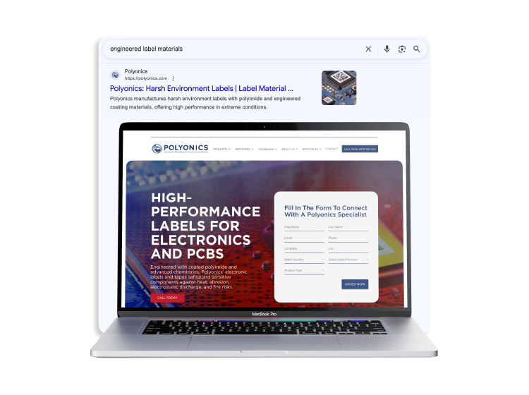 New Hampshire A laptop displays the Polyonics website featuring high-performance labels for electronics; a browser search for "engineered label materials" is visible behind the screen. Marketing Agency