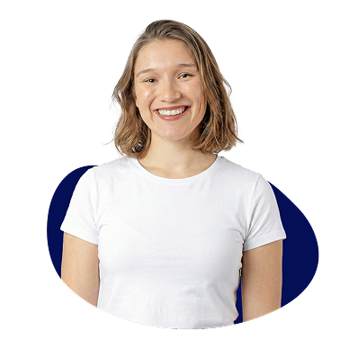 New Hampshire A person with short brown hair wearing a white t-shirt stands smiling against a white background with a dark blue abstract shape behind them. Marketing Agency