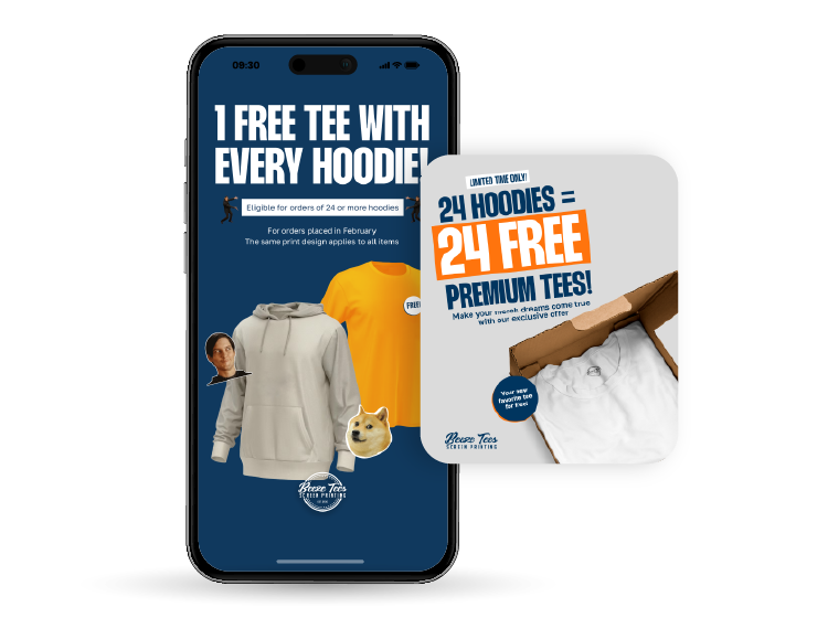 New Hampshire A smartphone displays an ad for a free T-shirt with every hoodie order, next to a square card promoting 24 free premium tees with a bulk hoodie purchase. Marketing Agency