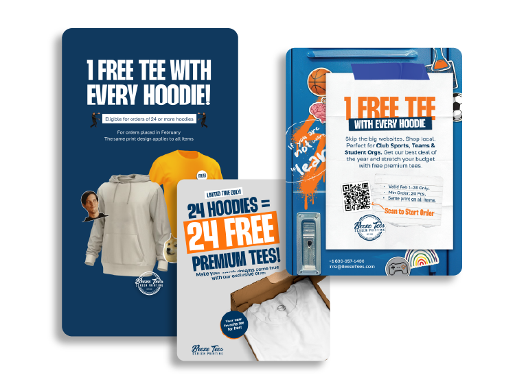 New Hampshire Promotional materials advertising a deal: buy 24 hoodies, get 24 free premium t-shirts. Includes images of hoodies, t-shirts, and offer details. Marketing Agency