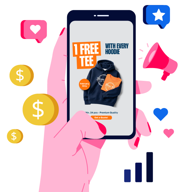 New Hampshire A hand holds a smartphone displaying an ad offering one free T-shirt with every hoodie purchase; social media and dollar icons are in the background. Marketing Agency