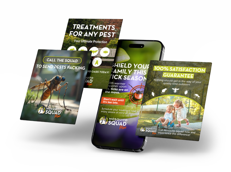 New Hampshire A display of Mosquito Squad Plus promotional materials and a smartphone, featuring pest control service ads and a 100% satisfaction guarantee. Marketing Agency