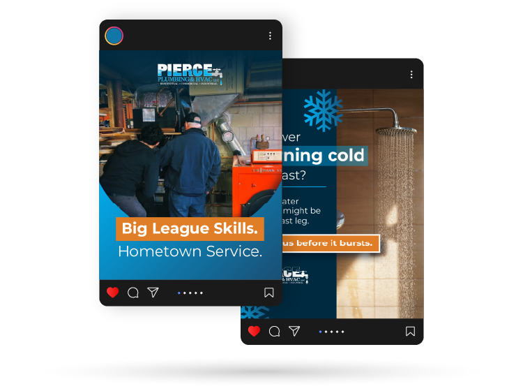 New Hampshire Two social media ads for a plumbing service; one shows workers in a workshop, the other shows a shower with a cold water warning. Both feature blue branding and white text. Marketing Agency