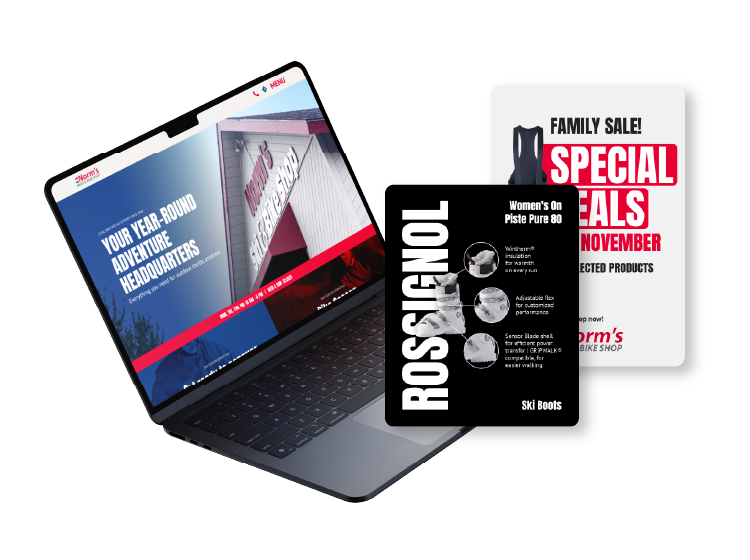 New Hampshire A laptop displaying a ski shop website sits next to two promotional flyers advertising special deals on women’s Rossignol ski boots. Marketing Agency
