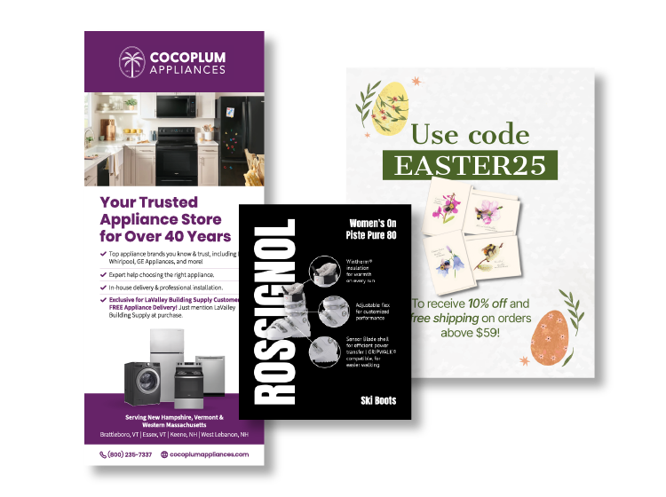 New Hampshire Three ads: one for Cocoplum Appliances featuring a kitchen, one for Rossignol women’s ski boots, and one offering 10% off with code EASTER25 on orders over $59, decorated with Easter eggs. Marketing Agency