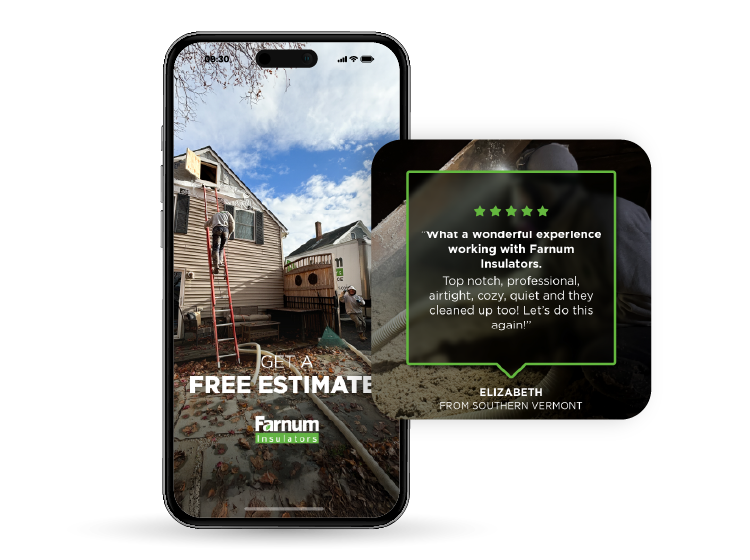 New Hampshire A worker stands on a ladder insulating a house exterior; next to it is a 5-star customer review praising Farnum Insulators’ service and cleanliness. Marketing Agency