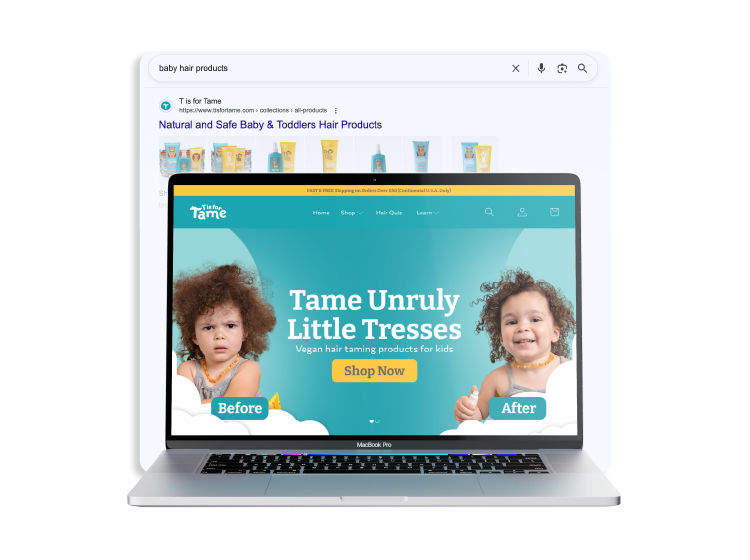 New Hampshire A laptop displays a website for vegan hair taming products for kids, showing before and after photos of two children with different hair textures. Marketing Agency