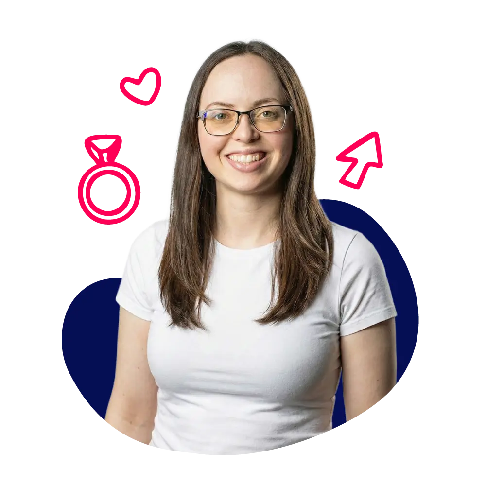 New Hampshire A woman with long brown hair and glasses smiles at the camera, wearing a white t-shirt. Pink doodles of a ring, heart, and arrow surround her on a dark abstract background. Marketing Agency