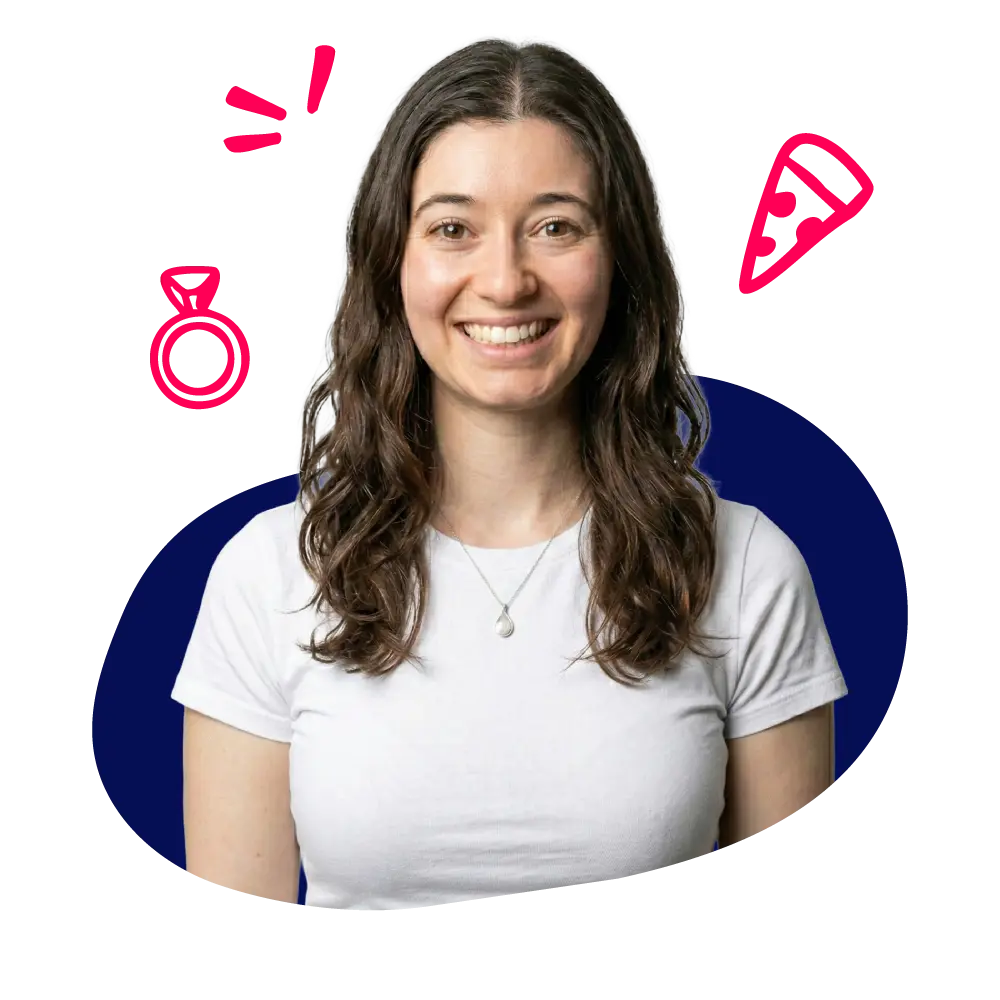 New Hampshire A woman with long brown hair wearing a white t-shirt and necklace smiles at the camera. Pink icons of a ring and a pizza slice are drawn in the background. Marketing Agency
