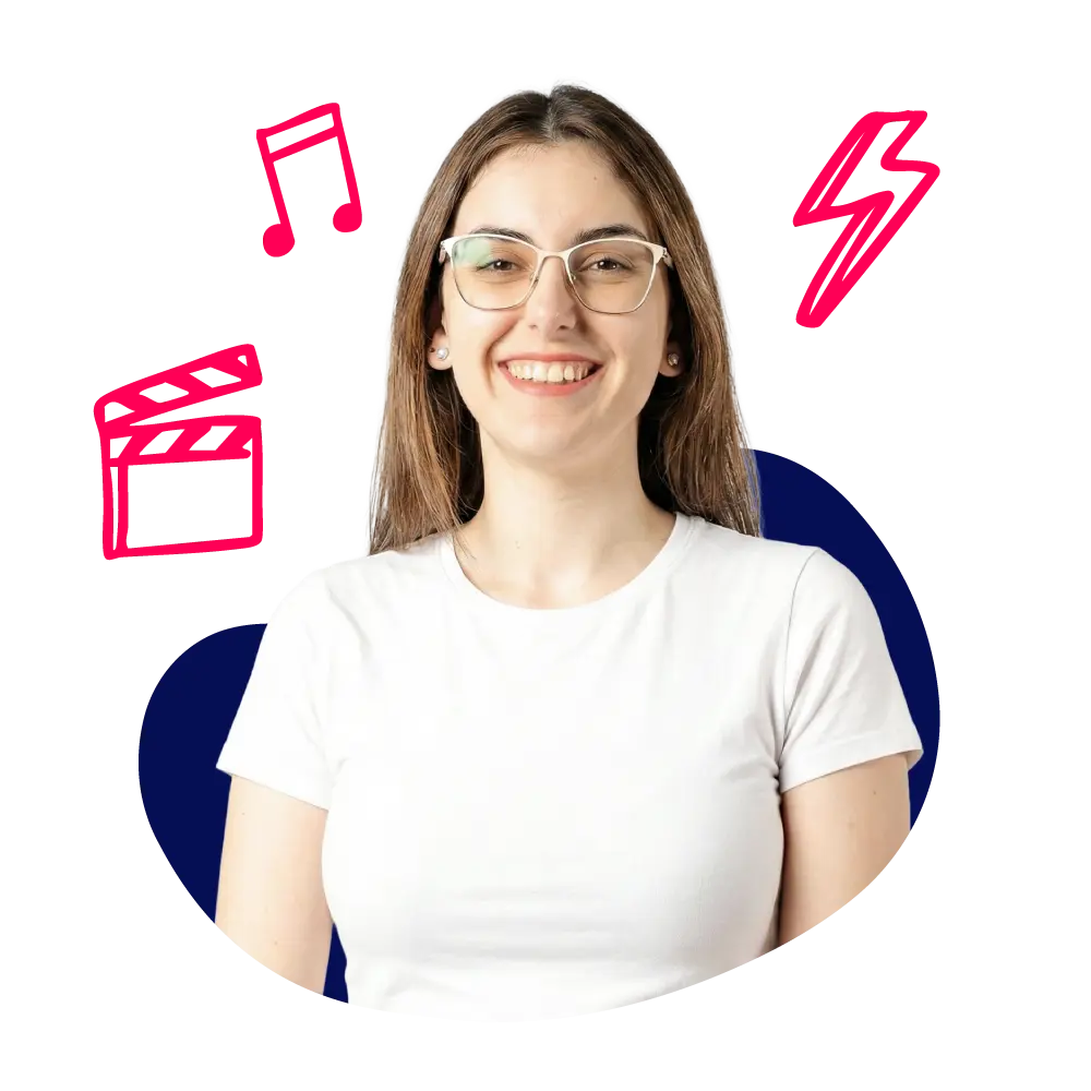 New Hampshire A young woman with glasses and a white t-shirt smiles at the camera. Red icons of a music note, film clapperboard, and lightning bolt are illustrated above her head. Marketing Agency