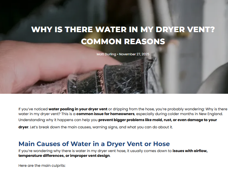 New Hampshire A person’s hand holds a flexible dryer vent hose, with water droplets visible inside—a common issue that NH Local SEO experts highlight as a concern for homeowners searching “local choice on Google” to solve water buildup in dryer vents. Marketing Agency