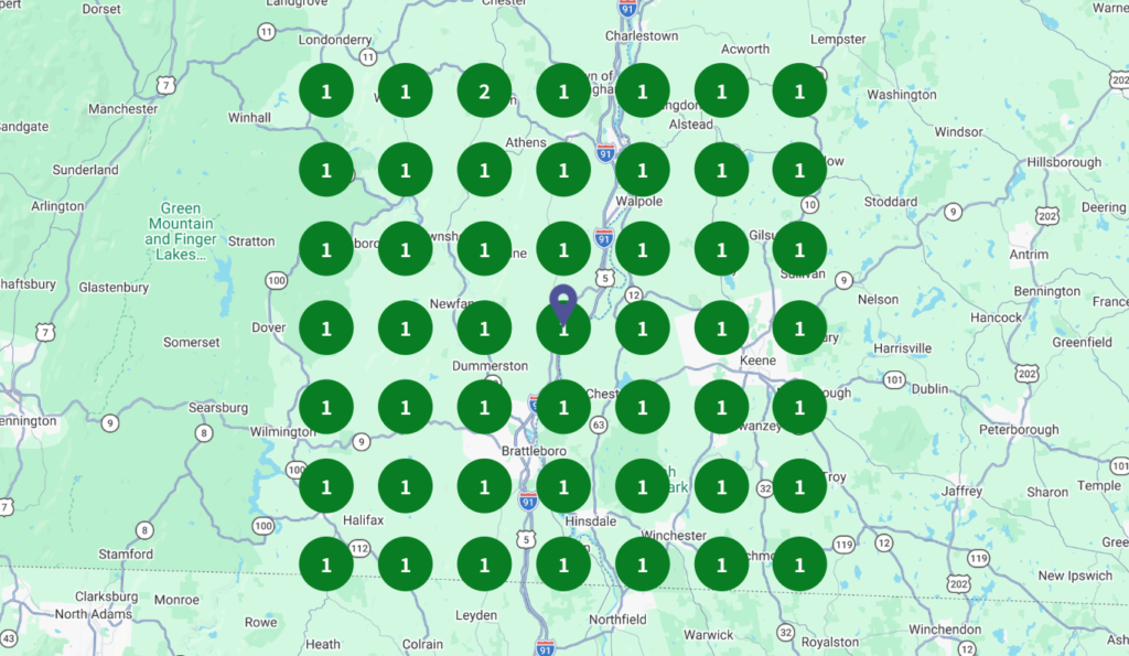 New Hampshire A map with a central marker, surrounded by green circles—each with the number one—illustrates NH Local SEO success and highlights your business as the top local choice on Google. Marketing Agency