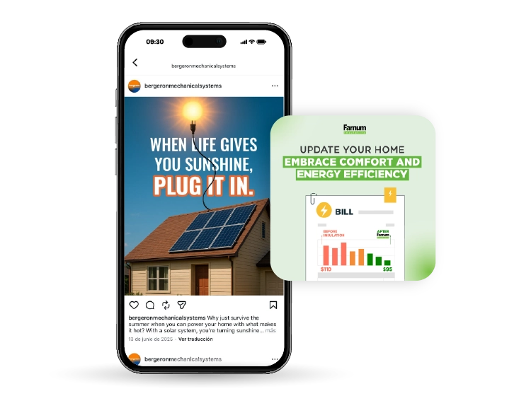 New Hampshire Smartphone displaying a social media post of a house with solar panels and the text “When life gives you sunshine, plug it in,” next to a graphic promoting home energy efficiency and lower utility bills. Marketing Agency