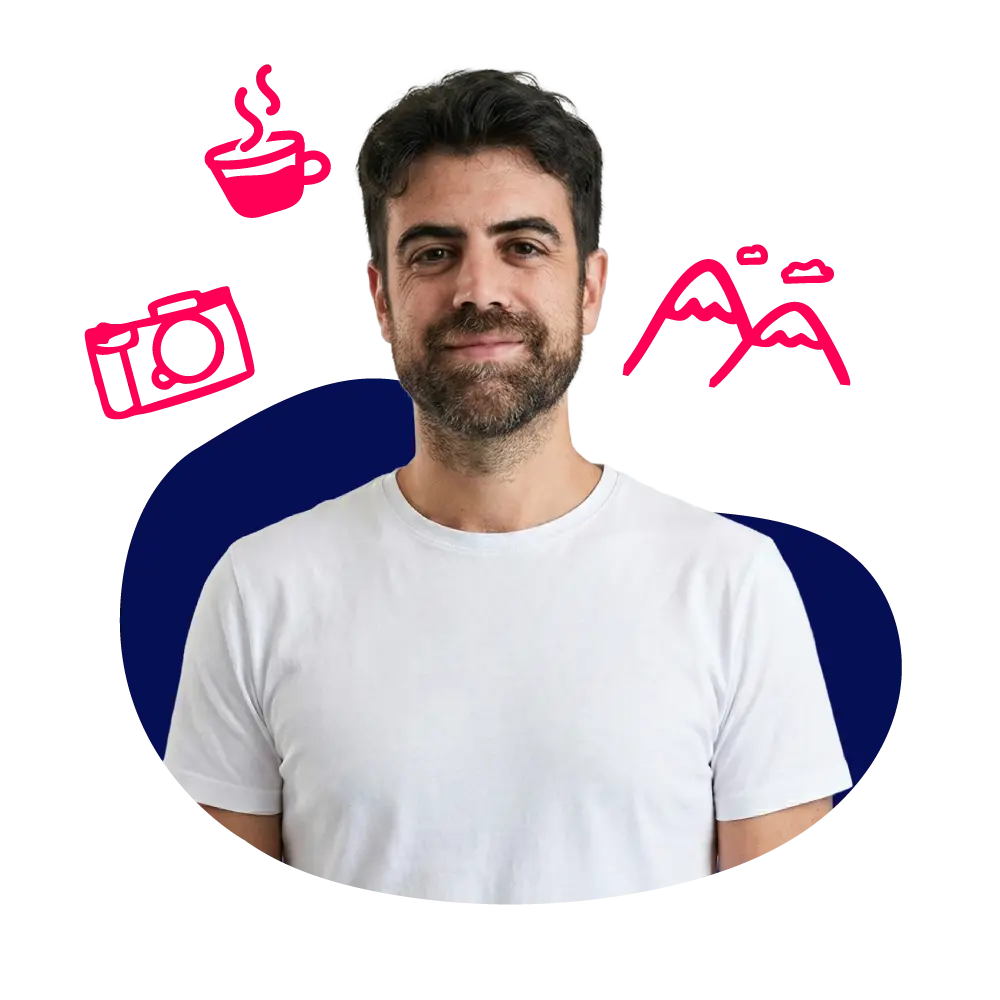 New Hampshire A man with dark hair and a beard wearing a white t-shirt stands in front of stylized icons of a coffee cup, a camera, and letters on a dark abstract background. Marketing Agency