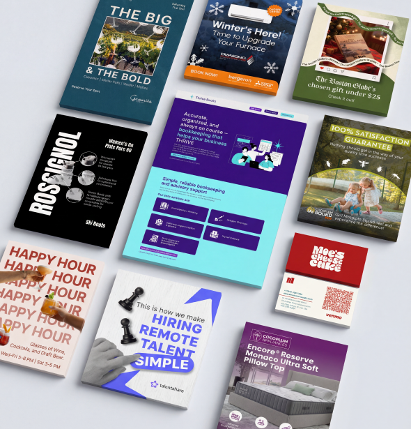 New Hampshire A variety of promotional flyers, advertisements, and informational cards are laid out on a flat white surface. Marketing Agency