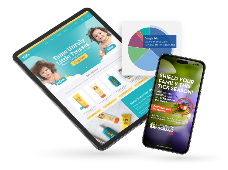 New Hampshire A tablet displays a hair care website, a pie chart showing Google Ads data, and a smartphone shows a mosquito control ad. Marketing Agency