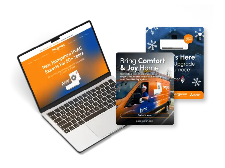 New Hampshire A laptop displaying a HVAC company's website sits next to two promotional flyers for heating and air conditioning services from the same company. Marketing Agency