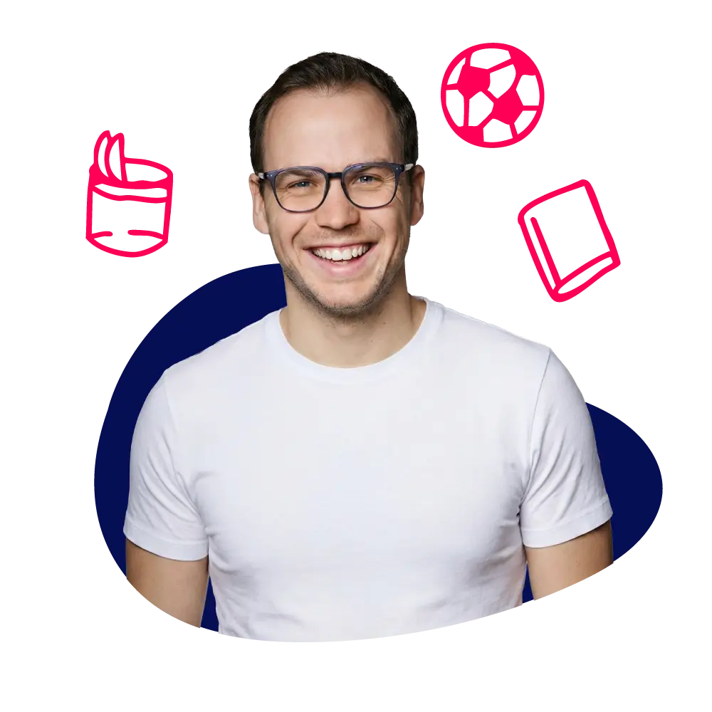 New Hampshire Man wearing glasses and a white t-shirt smiles at the camera, with illustrated icons of a coffee cup, soccer ball, and book floating around his head. Marketing Agency