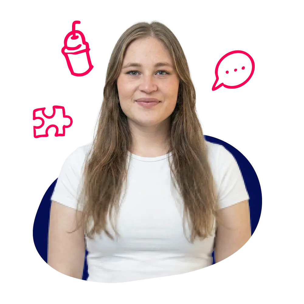 New Hampshire A woman with long, light brown hair and a white t-shirt is smiling; illustrated icons of a puzzle piece, beverage, and speech bubble surround her. Marketing Agency