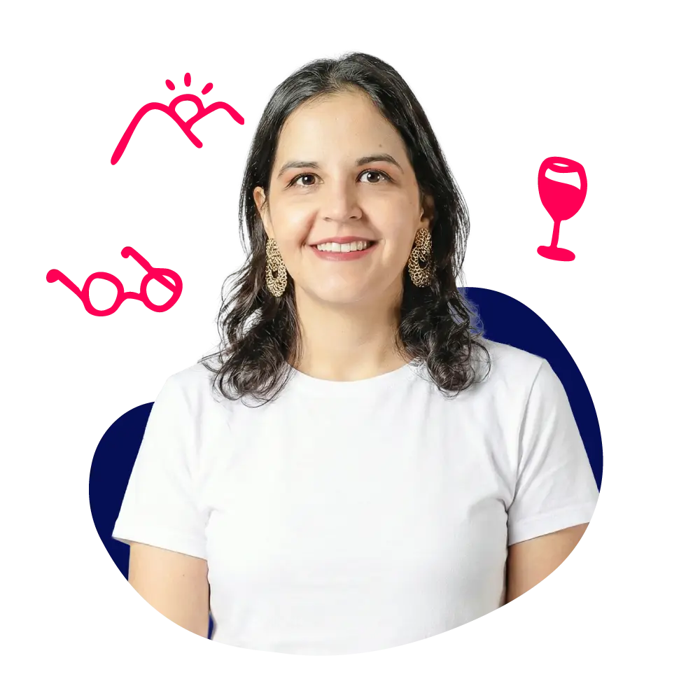 New Hampshire Woman with shoulder-length dark hair wearing a white t-shirt and gold earrings, smiling. Red line drawings of glasses, a wine glass, and a bird are in the background. Marketing Agency