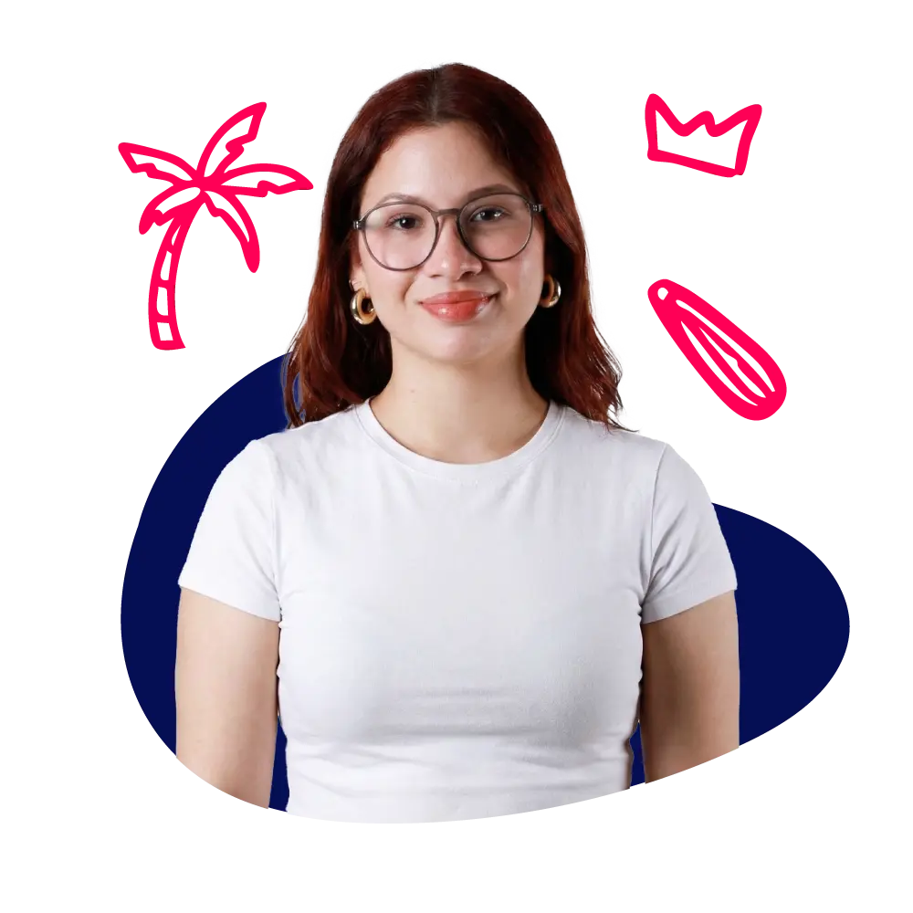 New Hampshire A woman with glasses and a white t-shirt smiles at the camera; red graphic doodles of a palm tree, crown, and leaf are in the background. Marketing Agency