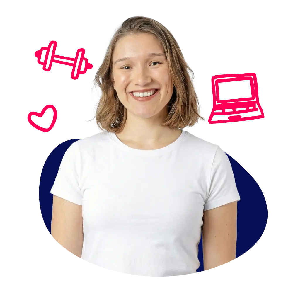 New Hampshire A woman in a white t-shirt smiles at the camera. Illustrated icons of a dumbbell, heart, and laptop are drawn around her on a plain background. Marketing Agency