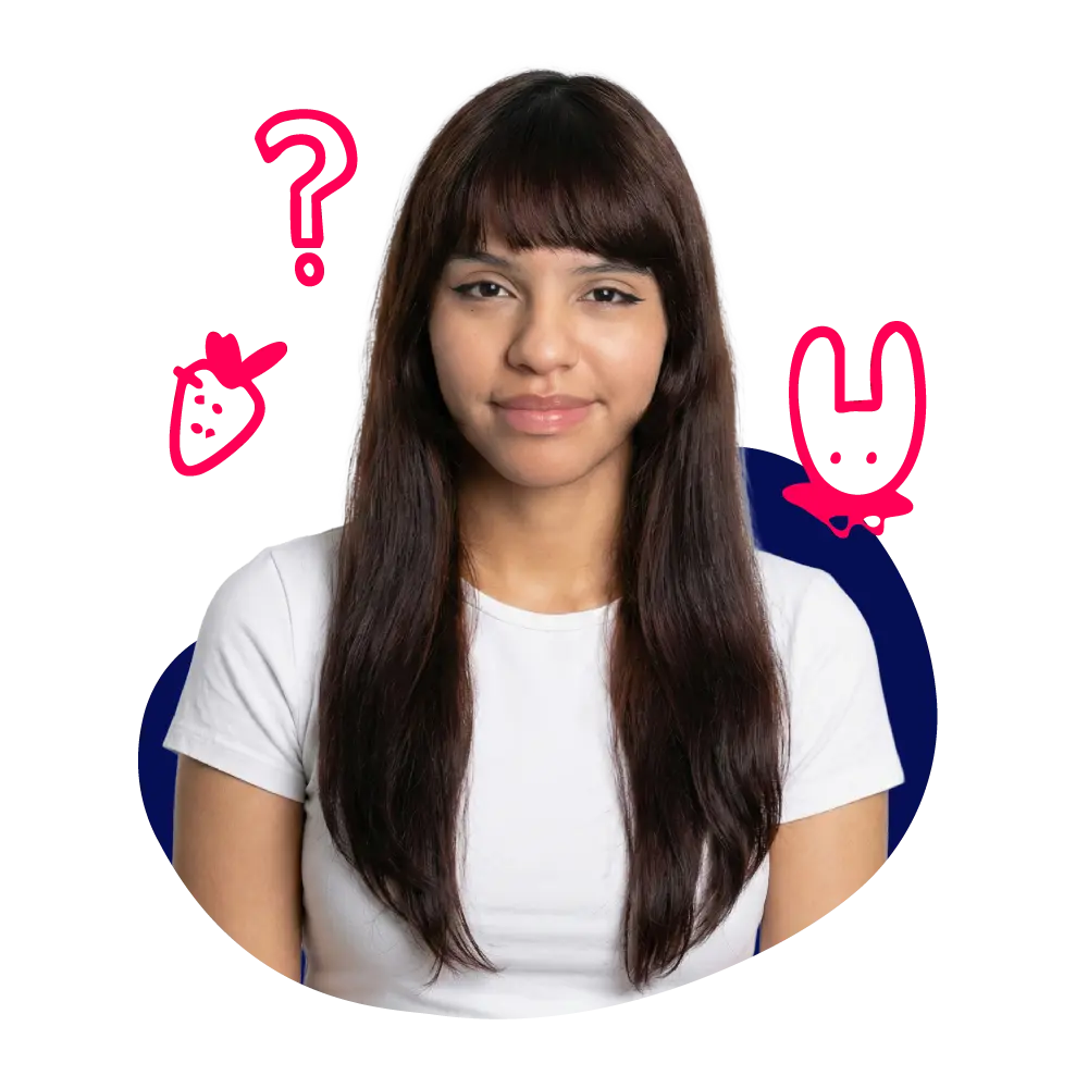 New Hampshire A woman with long dark hair and a white shirt stands in front of a graphic background with a red question mark, a strawberry, and a bunny doodle. Marketing Agency